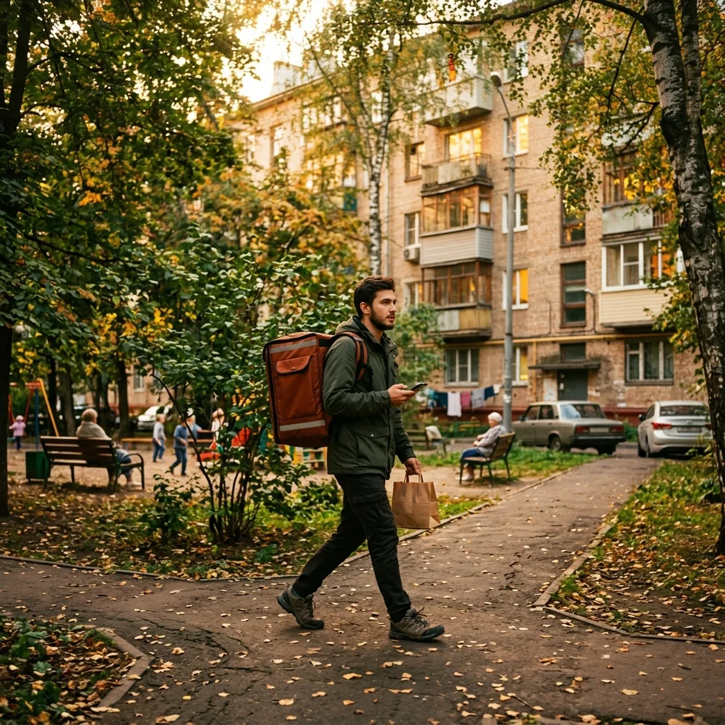 Курьер с корзиной заказа на улице Южного Бутово