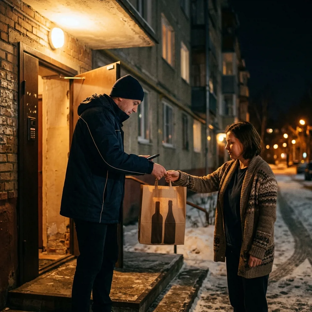 Курьер доставляет алкоголь ночью