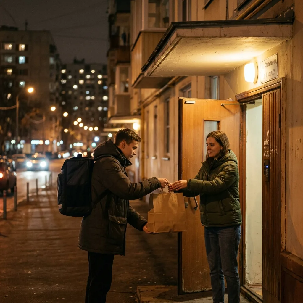 Курьер вручает заказ клиенту ночью в Москве