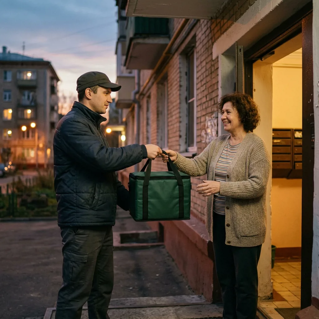 Курьер в фирменной форме доставляет заказ в вечернем городе