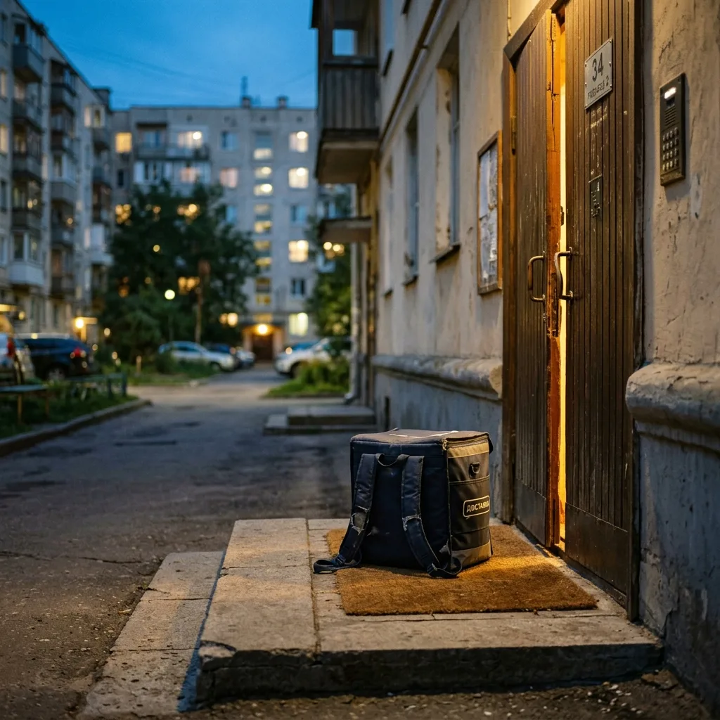 Курьер с термосумкой у двери