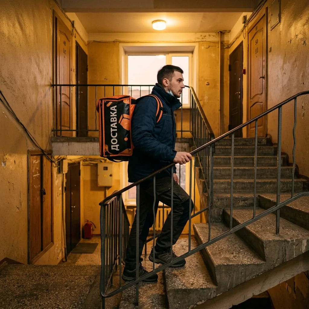 Курьер с термосумкой у подъезда